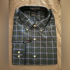 New NWT Nautica Men's Flex Wrinkle Free Green Blue Plaid Button Down Shirt 2XL